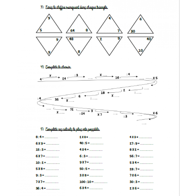 Exercices tables de multiplication et division