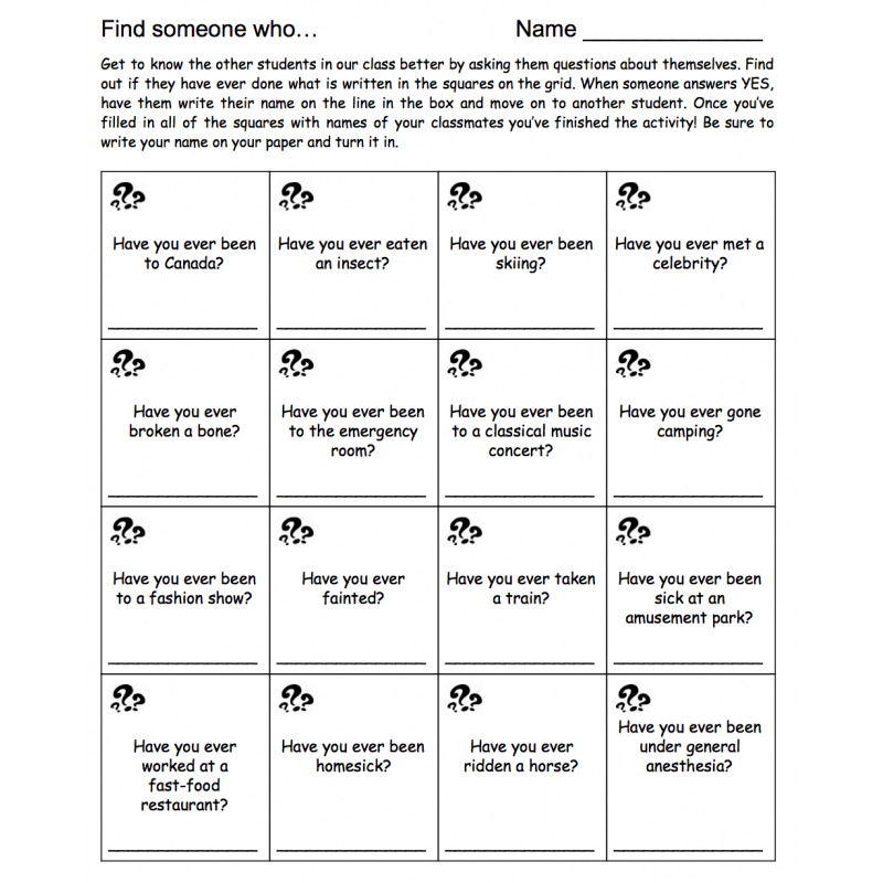 Ice breaker activity find someone who esl