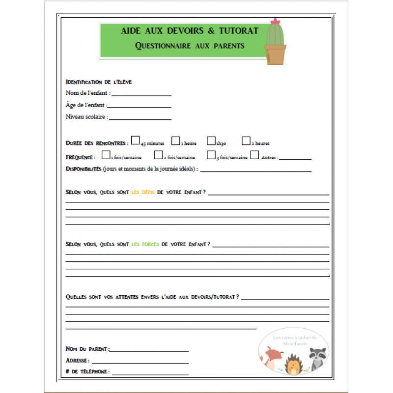 Questionnaire aux parents  Aide aux devoirs